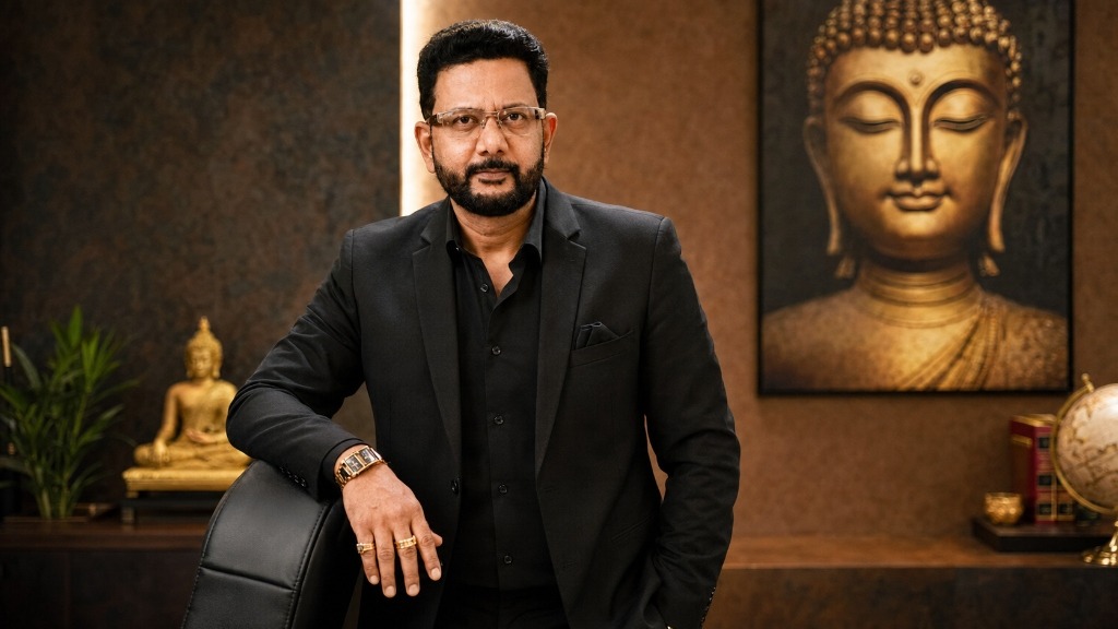 Dr. Ashish Patni in Bespoke Black Suit in Executive Office with Golden Buddha Artwork