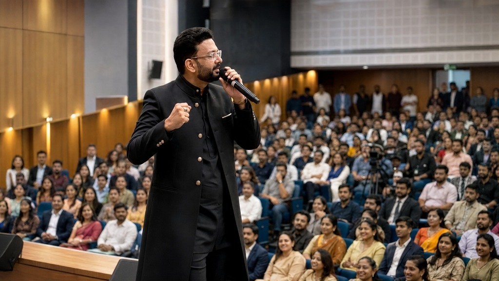 Dr. Ashish Patni live on stage with mic addressing packed auditorium during E.Y.E. Keynote