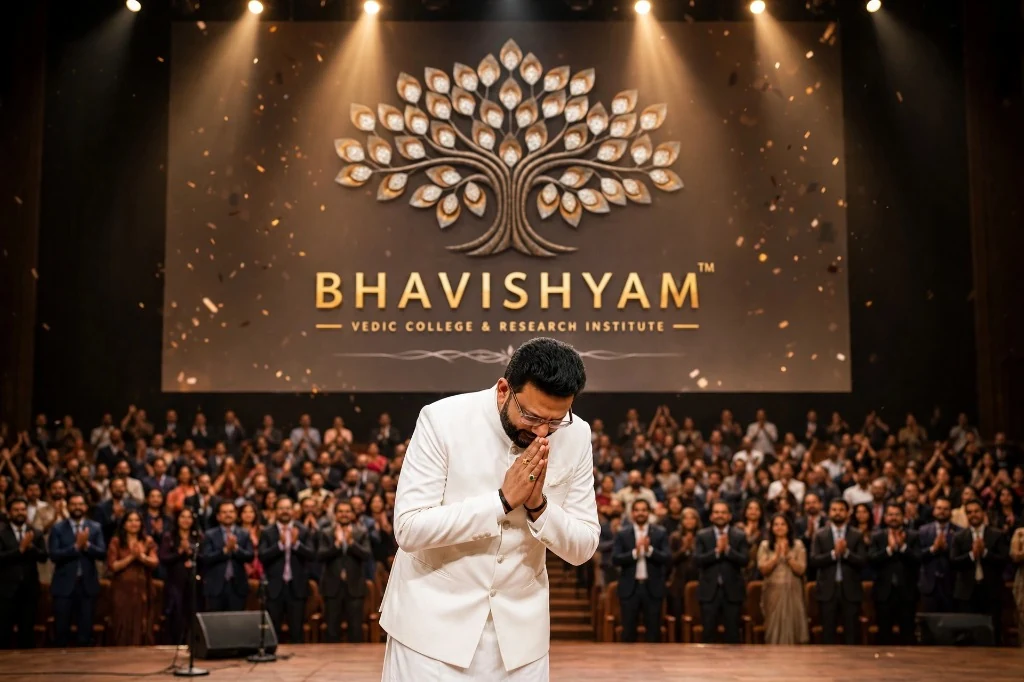 Dr. Ashish Patni in calm Namaste meditation on stage